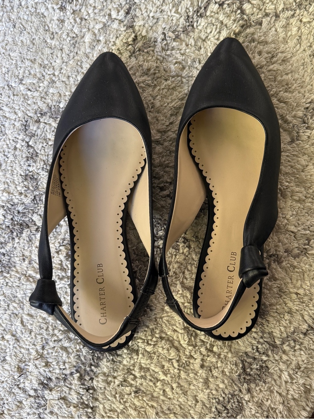 Charter Club Black Pointed Toe Slingback Flats with Scalloped Insole